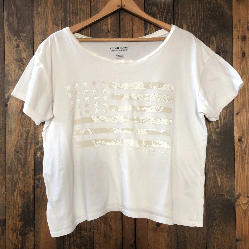 RL White & Gold American Flag Tee